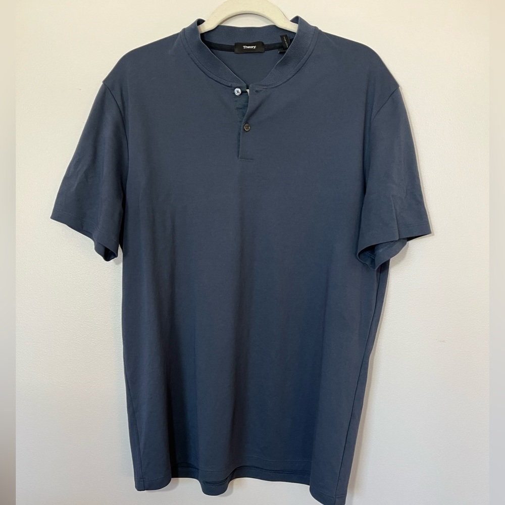 Theory Men’s Blue Collarless Henley Pima Cotton short Sleeve Shirt Size XL